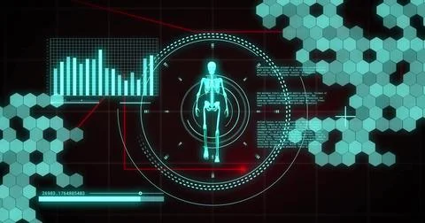 Image of digital data processing over human skeleton and scope scanning Foto stock
