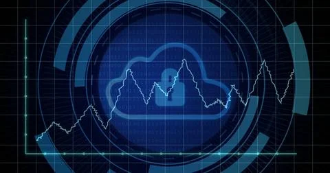 Image of digital data processing over padlock and cloud icon on black background Stock Photos
