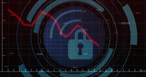 Image of digital data processing over padlock icon on black background 스톡 사진