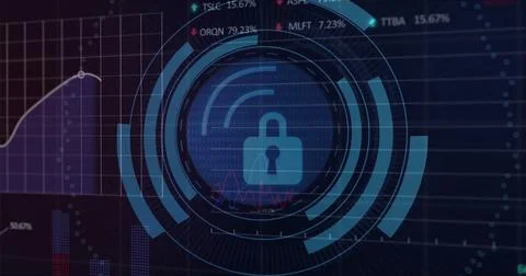 Image of digital data processing over padlock icon on black background Stockfoto's