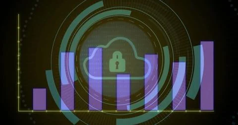 Image of digital data processing over cloud and padlock icon on black background 写真素材