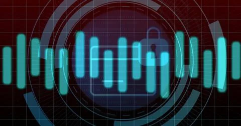 Image of digital data processing over padlock icon on black background 스톡 사진