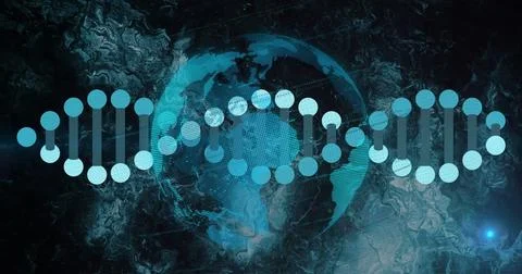 Image of digital data processing over globe and dna strand spinning Foto stock