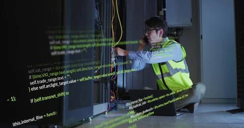 Image of digital data processing over it asian male technician computer servers Stock Photos