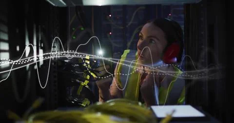 Image of digital data processing over it caucasian female technician computer Stock Photos