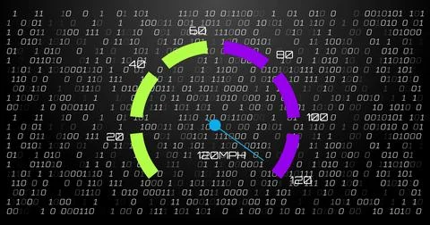 Image of digital data processing over speedometer and binary coding 스톡 사진