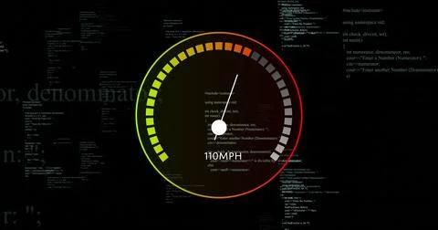Image of digital data processing over speedometer on black background 写真素材