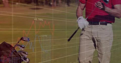 Image of digital data processing over caucasian male golf player on golf course Fotos Stock