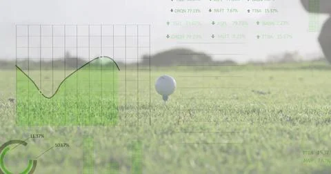 Image of digital data processing over golf ball being hit on golf course Fotos Stock