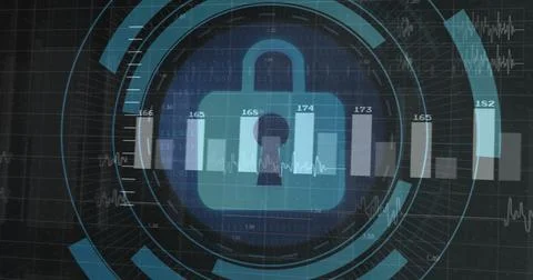Image of digital data processing over padlock icon 写真素材