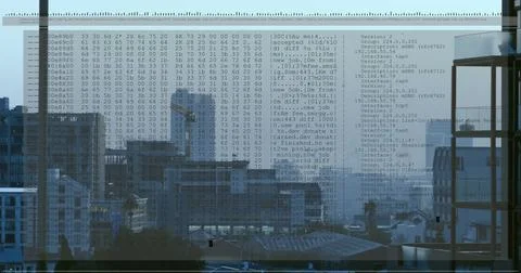 Image of digital data processing over cityscape Stockfoto's