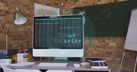 Image of digital data processing over computer on office desk Stock Photos