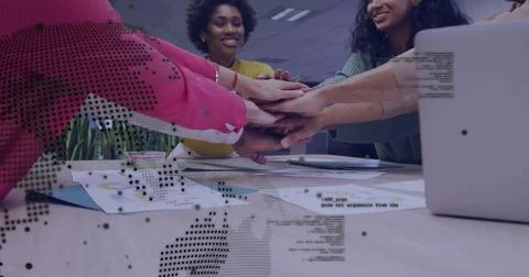 Image of digital data processing over diverse business people stacking hands in Stock Photos