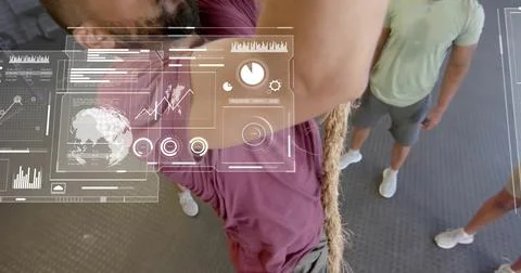 Image of digital data processing over biracial man climbing rope 스톡 사진