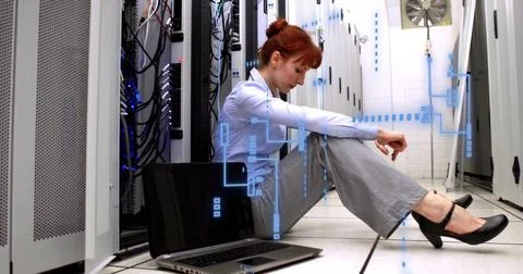 Image of digital data processing over caucasian female it engineer by computer Foto stock