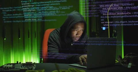 Image of digital data processing over african american man using laptop by 스톡 사진