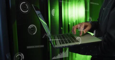 Image of digital data processing over asian man with laptop by computer servers 스톡 사진