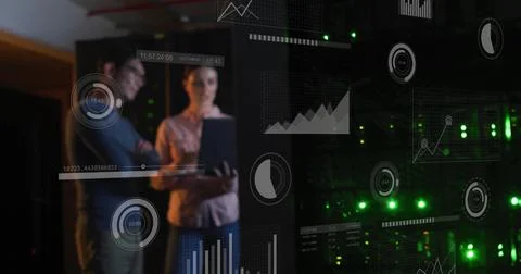 Image of digital data processing over diverse people with laptop by computer Stock Photos