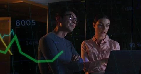 Image of digital data processing over diverse people with laptop by computer 스톡 사진