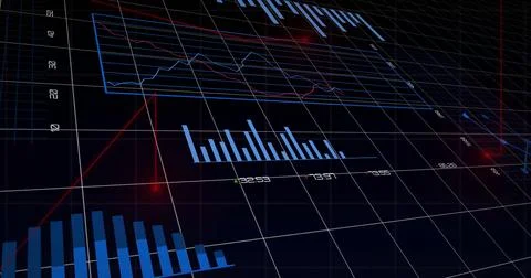 Image of digital data processing over grid on black background Stockfoto's