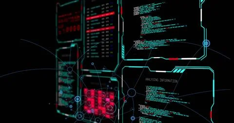 Image of digital data processing over black background 写真素材