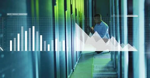 Image of digital data processing over afrcian american it man with laptop by Stock Photos