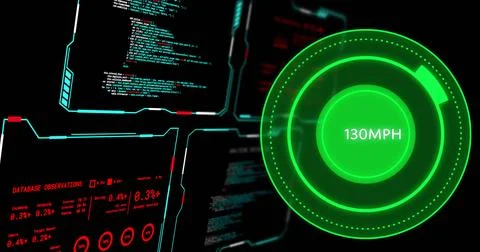 Image of digital data processing over screens and green speedometer on black 写真素材