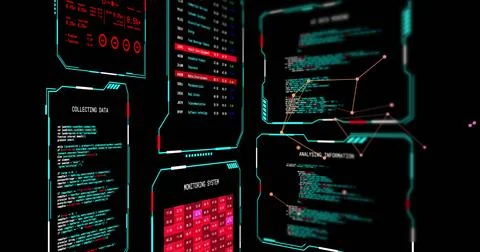 Image of digital data processing over screens on black background 写真素材