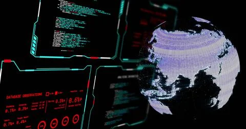 Image of digital data processing over screens and globe on black background Stock Photos