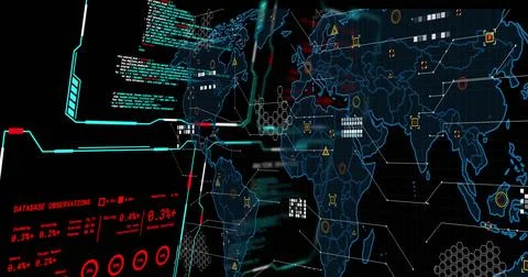 Image of digital data processing over screens and world map on black background Foto stock