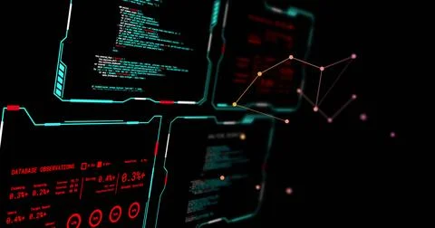 Image of digital data processing over screens on black background 写真素材