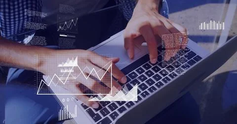 Image of digital data processing over caucasian man using laptop Foto stock