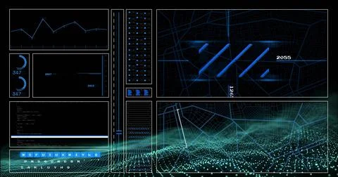 Image of digital data processing over glowing spots on black background Stock Photos