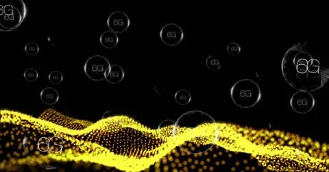 Image of digital data processing over 6g text on black background Stockfoto's