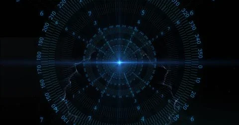 Image of digital data processing over glowing spots on black background 写真素材