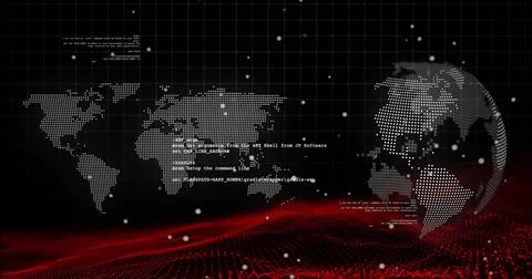 Image of digital data processing over world map and globe on black background 스톡 사진