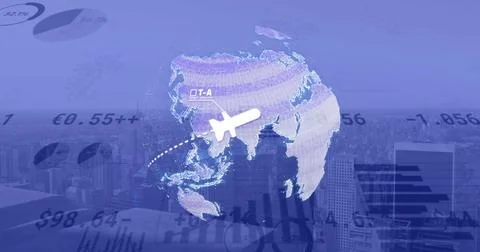 Image of digital data processing over globe and cityscape Stock Photos