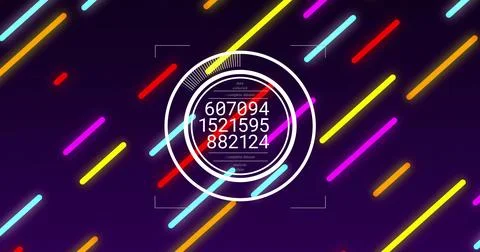 Image of digital data processing over neon pattern on blue background Foto stock