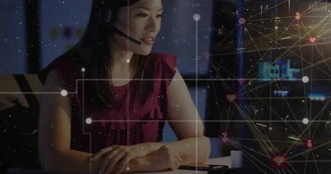 Image of digital data processing over asian businesswoman using phone headset Stockfoto's