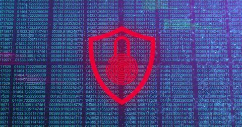 Image of digital data processing over biometric padlock and shield 写真素材