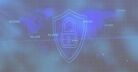 Image of digital data processing over padlock icon 스톡 사진