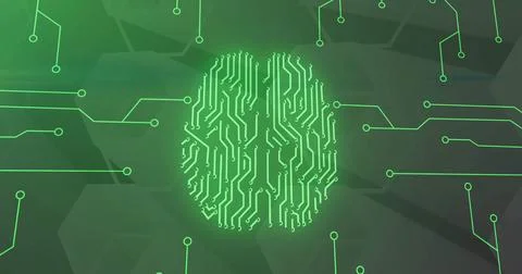 Image of digital data processing over computer circuit board and ai brain Foto stock