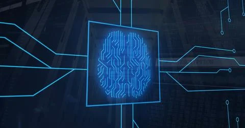 Image of digital data processing over computer circuit board and ai brain 스톡 사진