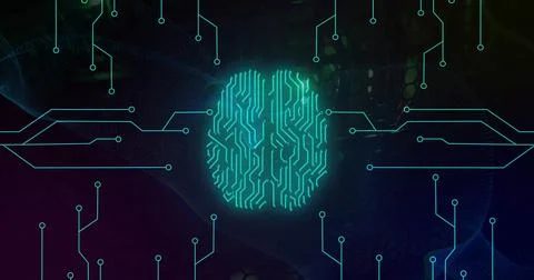 Image of digital data processing over computer circuit board and ai brain Stock Photos