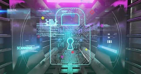 Image of digital data processing over padlock icon 스톡 사진