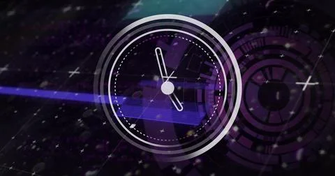 Image of digital data processing over clock icon 스톡 사진