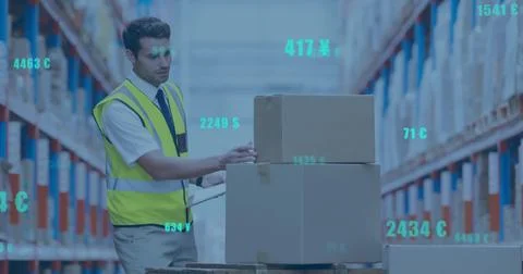 Image of digital data processing over caucasian man working in warehouse Foto stock