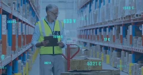 Image of digital data processing over caucasian man working in warehouse Foto stock