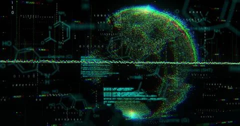 Image of digital data processing over globe on black background Stockfoto's