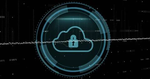 Image of digital data processing over scope scanning with cloud and padlock Stock Photos